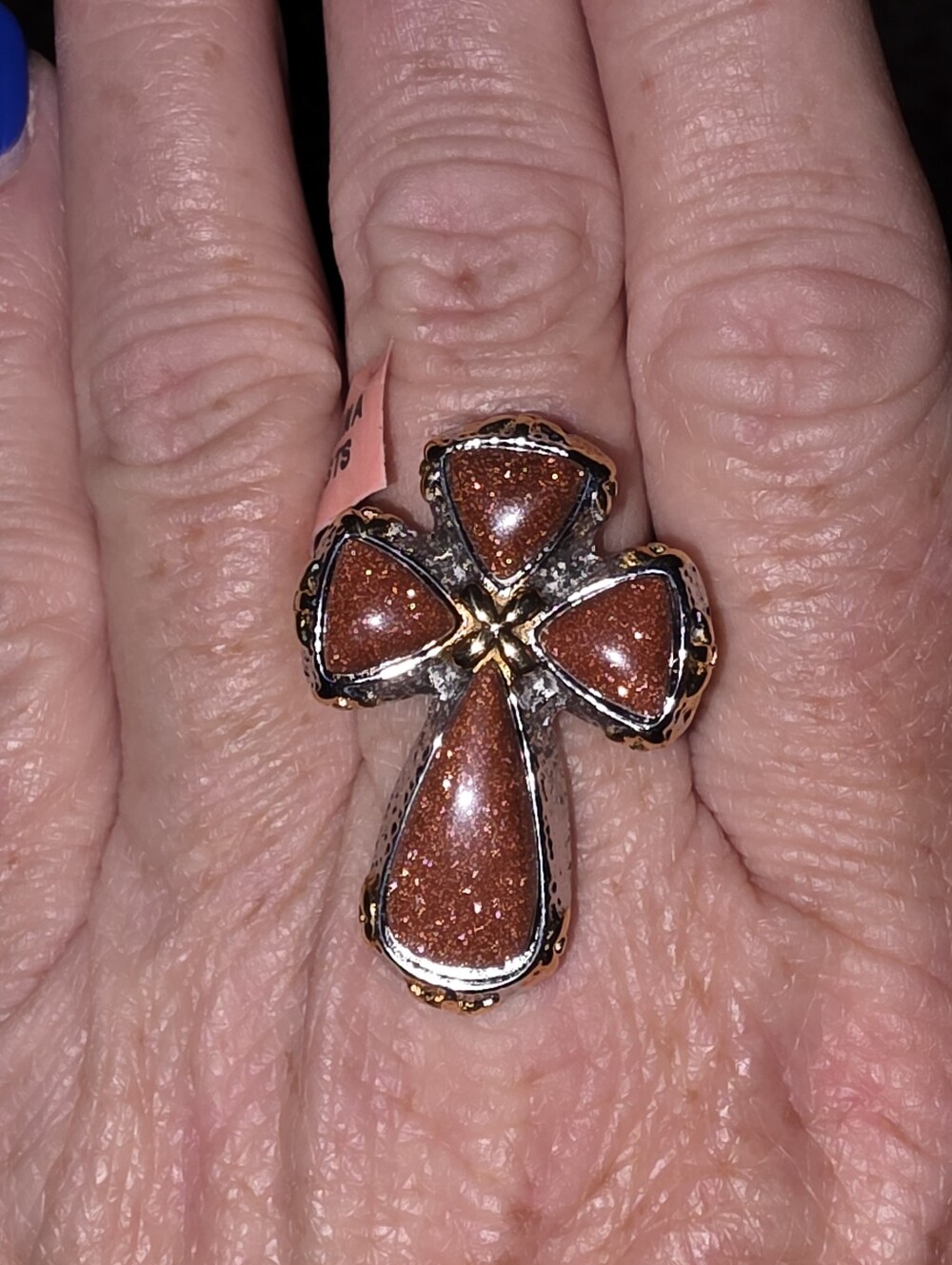 JTV Two-Tone Goldstone Stainless Steel Cross Statement Ring Size 11 - Picture 8 of 12